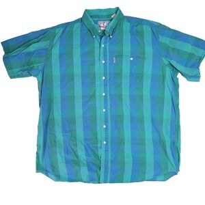 PCH Mens 3XLT Short Sleeve Button Down Shirt Teal Blue Plaid Cotton Vintage 90s